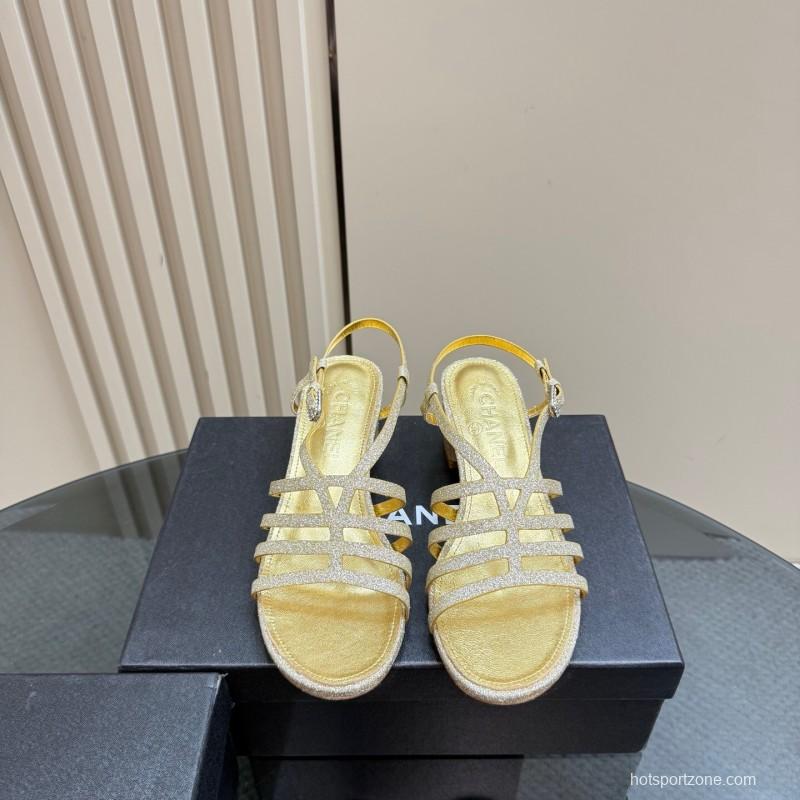 2025 Women Chanel Gold Leather Sandals KFY00290