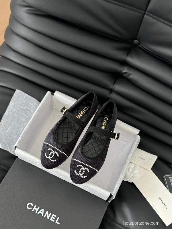 2025 Women Chanel Black Velvet Mary Jane Embroidered LY00280
