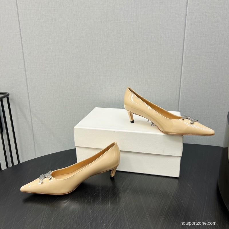 2025 Women Celine Beige Patent Leather Pointed Toe Heel Metal Ornament KFY00290
