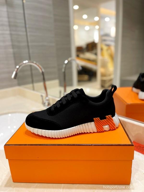 2024 Unisex Hermès Black Imported Silk Glazed Calf Suede Synthetic Fabric Sneakers MJ00320