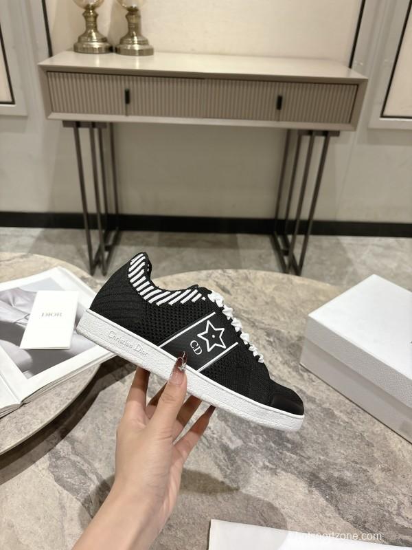 2025 Women Dior Black White Knit Leather Sneakers KFY00330