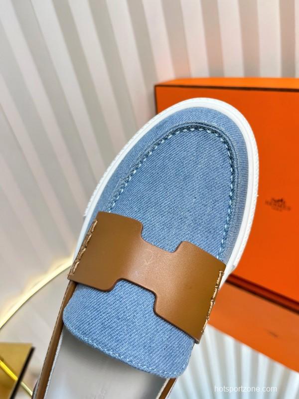 2025 Women Hermès Blue Brown Leather Canvas Loafer LY00310