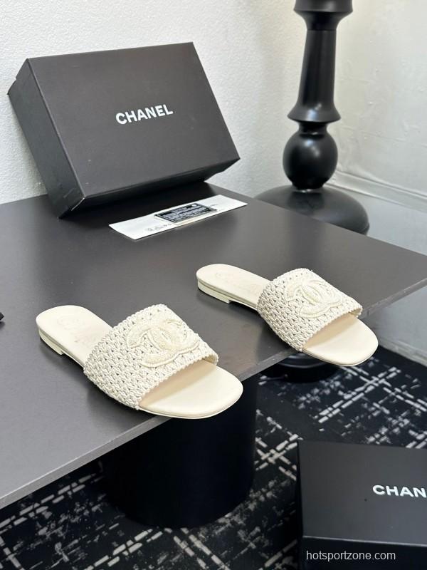 2025 CHANEL White Knit Leather Slippers LY00250