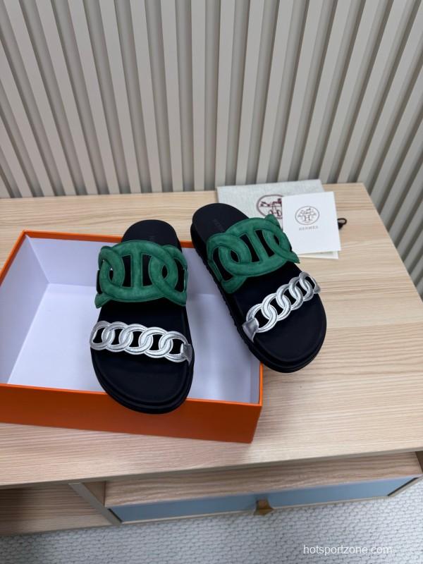 2025 Slippers Hermès Green Black Suede Leather Slippers
