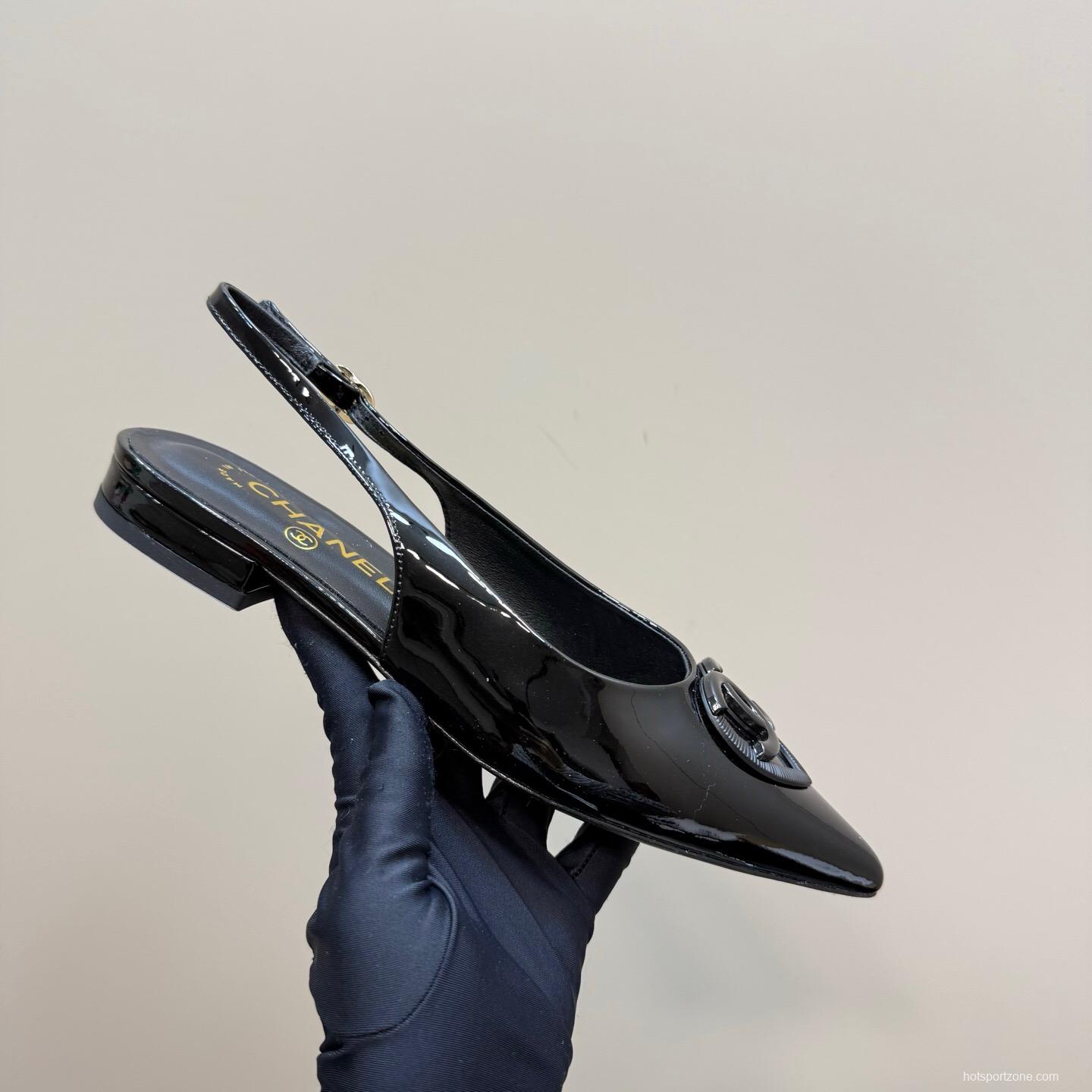 2025 Women Chanel Black Satin Leather Slingback Flats KFY00290