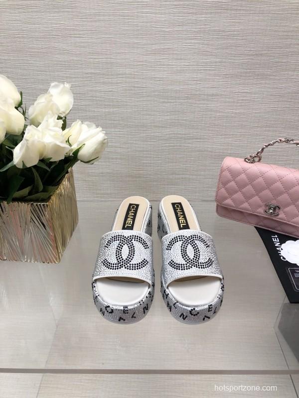 2025 Slippers Chanel White Rhinestone Platform Slide LY00330