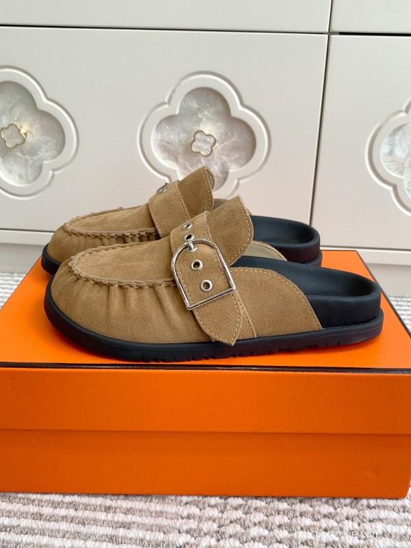 2025 Women Hermès Light Brown Suede Mule Handmade KFY00290