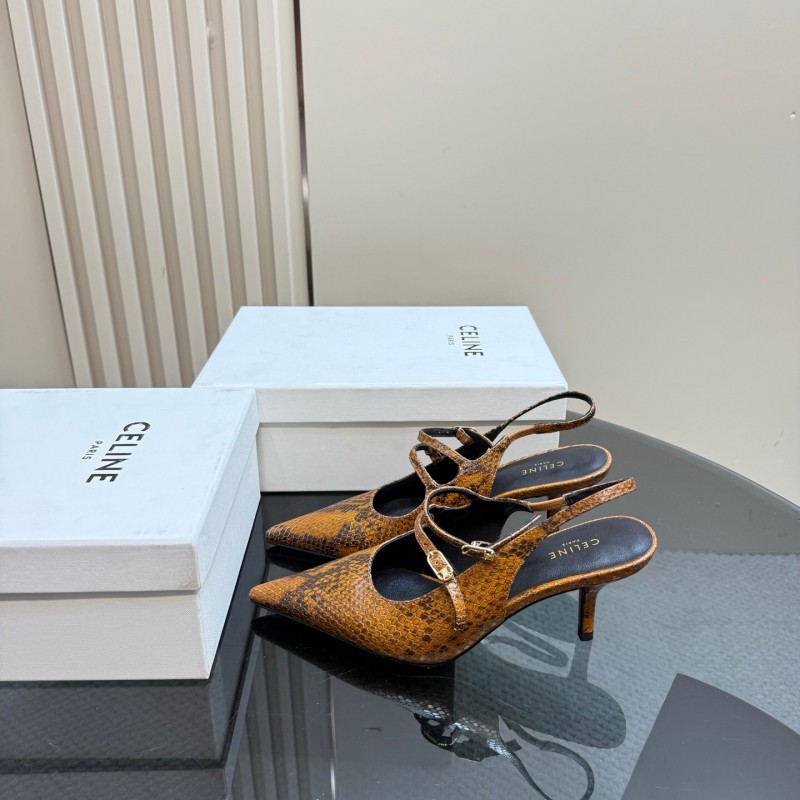 2025 Women Celine Brown Snake Leather Pointed Toe Slingback Heels