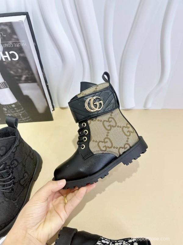 2024 Kids Gucci Brown Black Canvas Leather Boots