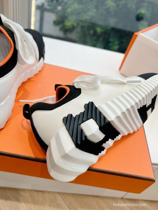 2024 Unisex Hermès Black White Orange Calf Leather Suede Knit Sneakers MJ00290