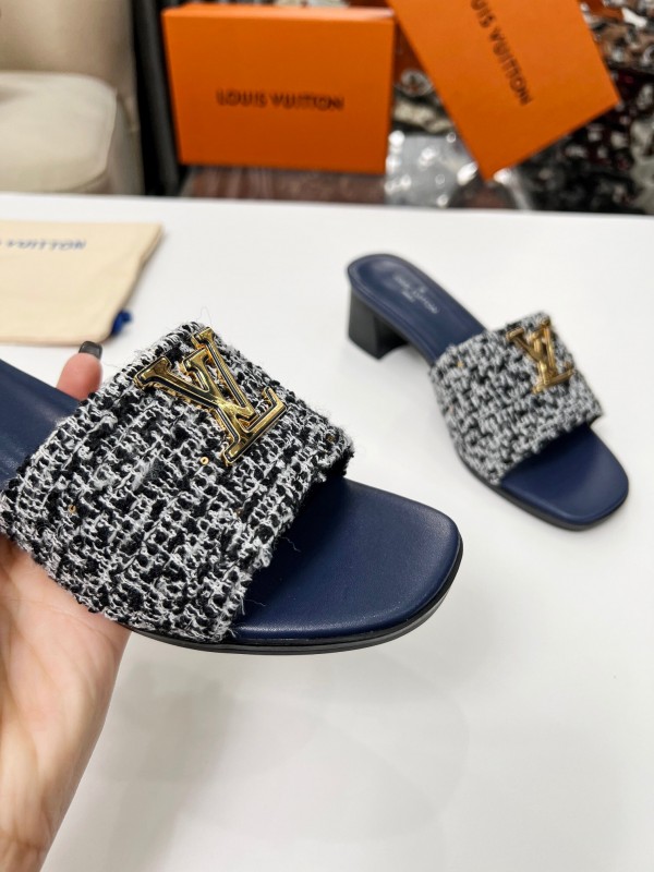 2025 Women Louis Vuitton Navy White Tweed Leather Heeled Sandals LY00220