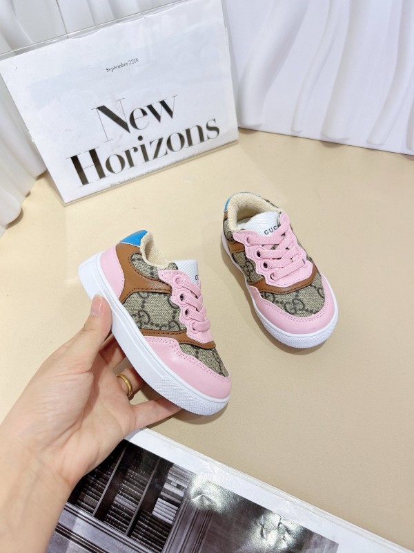 2024 Kids Gucci Pink Beige Canvas Leather Sneakers