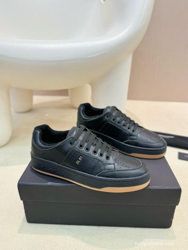 2024 Unisex Yves Saint Laurent Black Silk Grain Leather SL61 Casual Series Perforated MJ00350