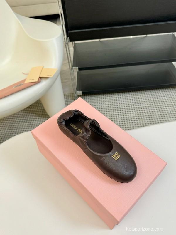 2025 Women Miu Miu Brown Leather Ballet Flats