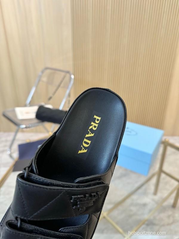 2025 Women Prada Black Leather Slippers