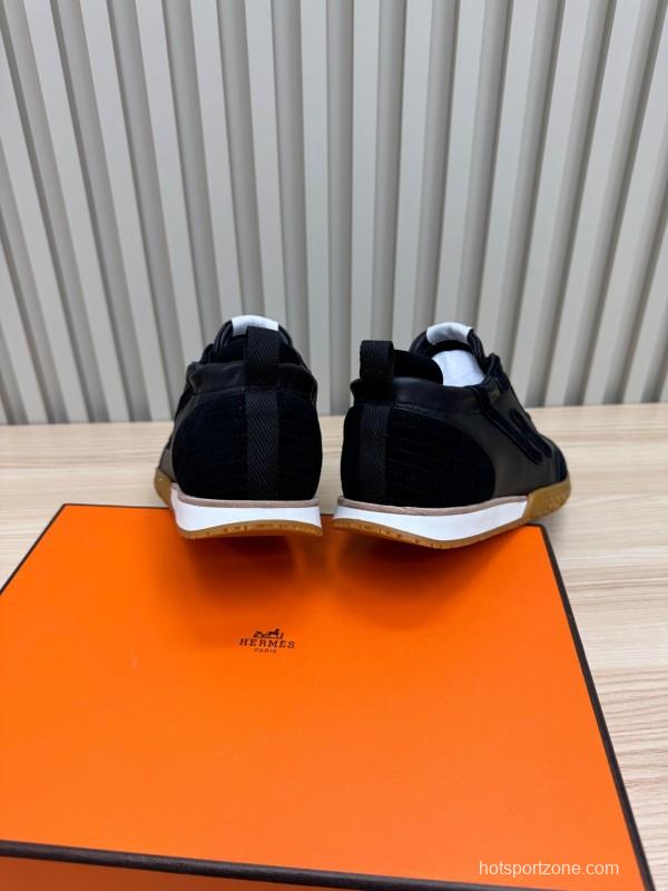 2025 Unisex Hermès Black Brown Suede Goat Leather Down Fabric Sneakers Top Version KFY00300