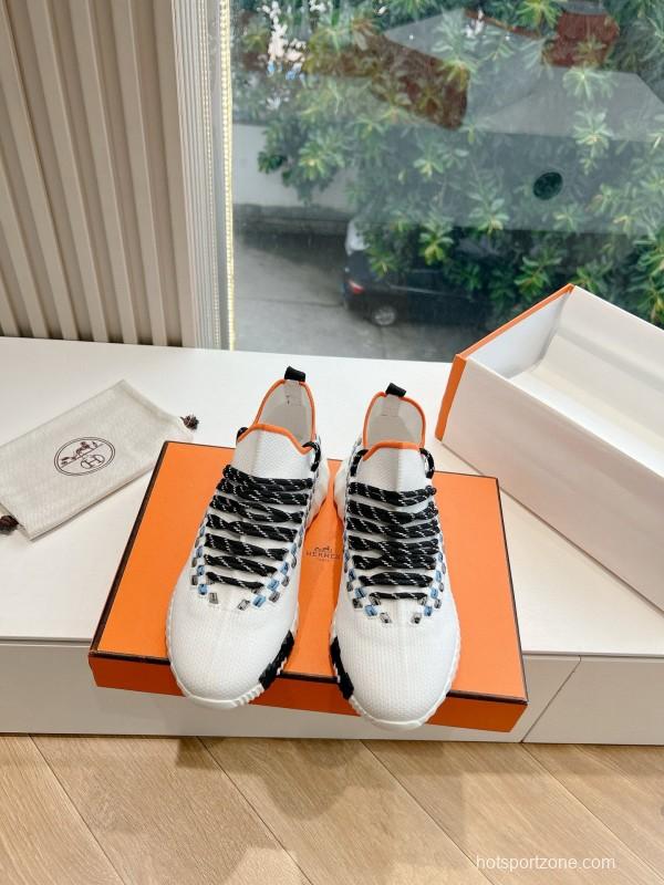 2024 Unisex Hermès White Black Orange Calf Suede Sneakers MJ00290