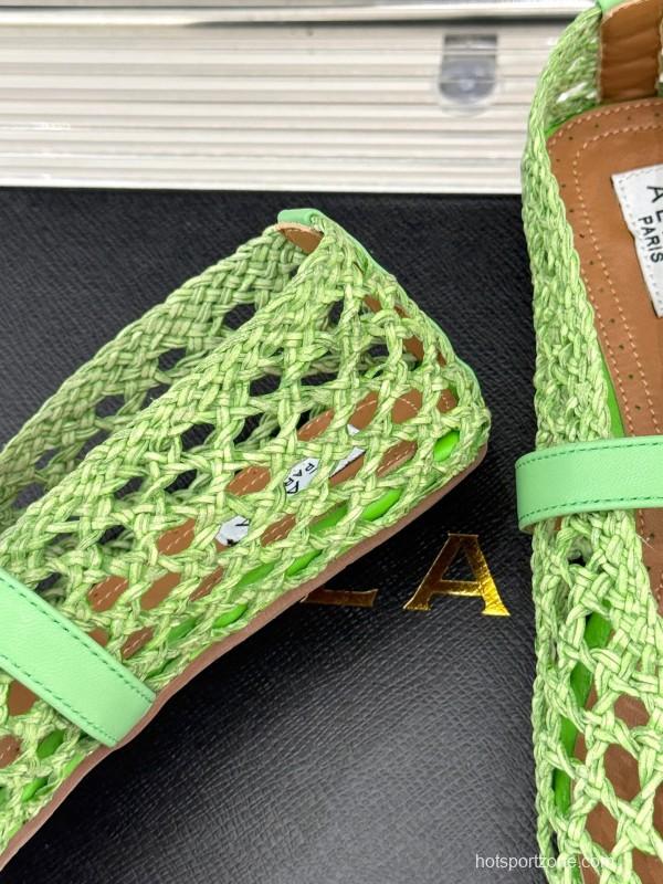 2025 Women AlAIA Green Leather Mesh Mary Jane