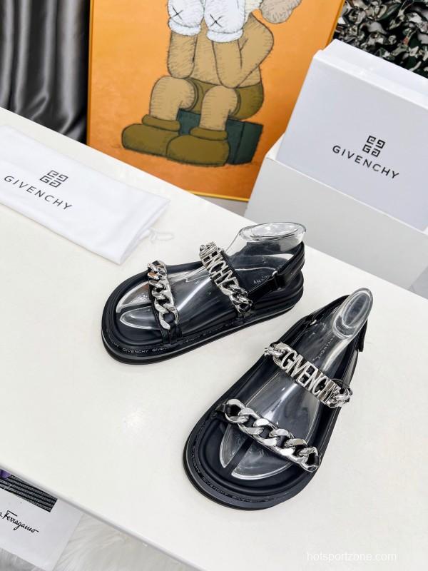 2025 Women Givenchy Black Leather Sandals Chain LY00260