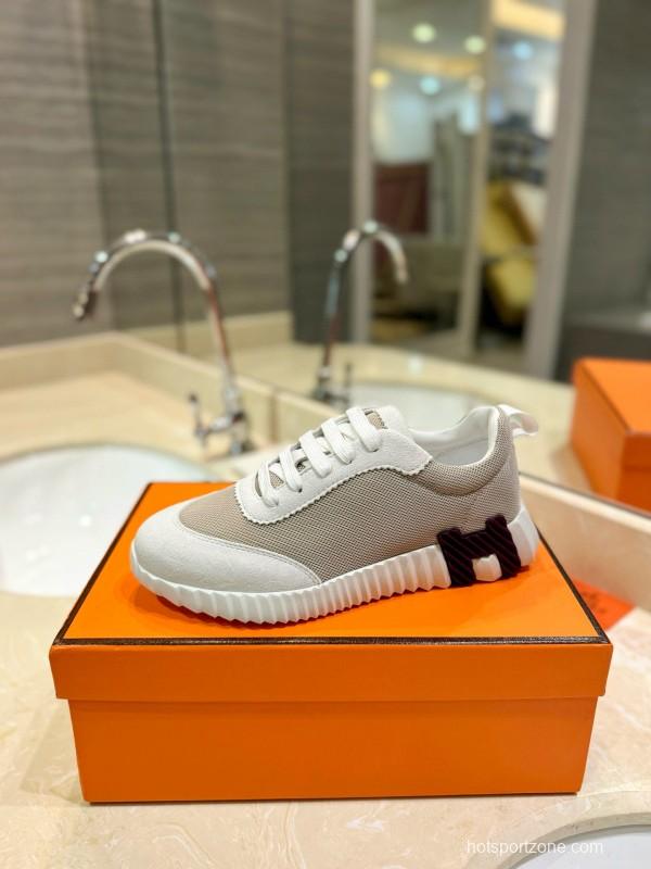 2024 Women Hermès White Beige Mesh Leather Sneakers MJ00320