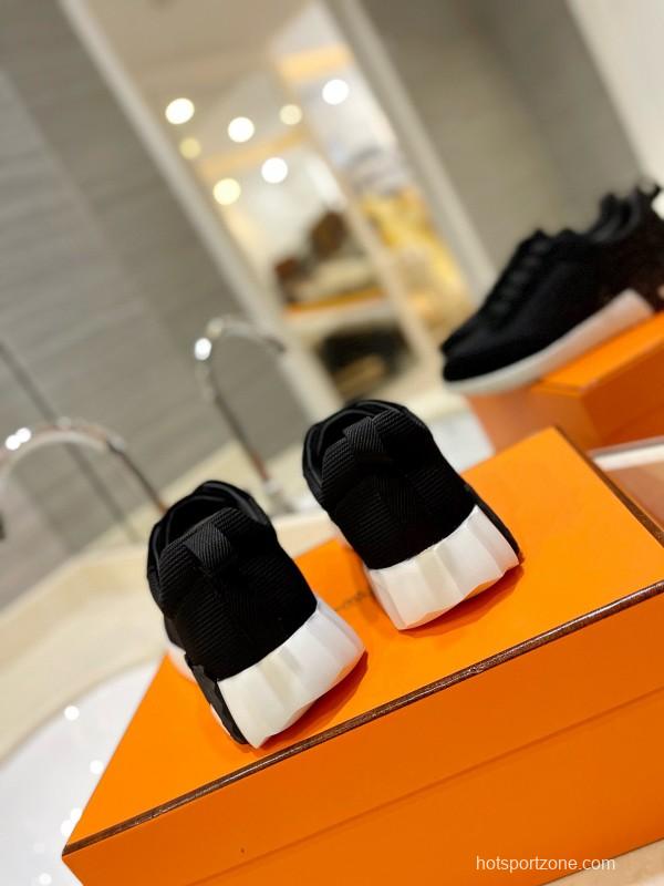 2024 Unisex Hermès Black Imported Silk Calfskin Raincloth Casual Sneakers MJ00320