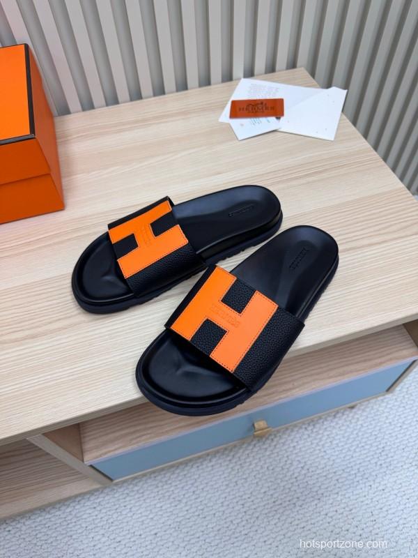 2025 Women Hermès Black Orange Leather Slippers