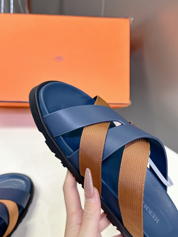 2025 Slippers Hermès Blue Brown Leather Slippers