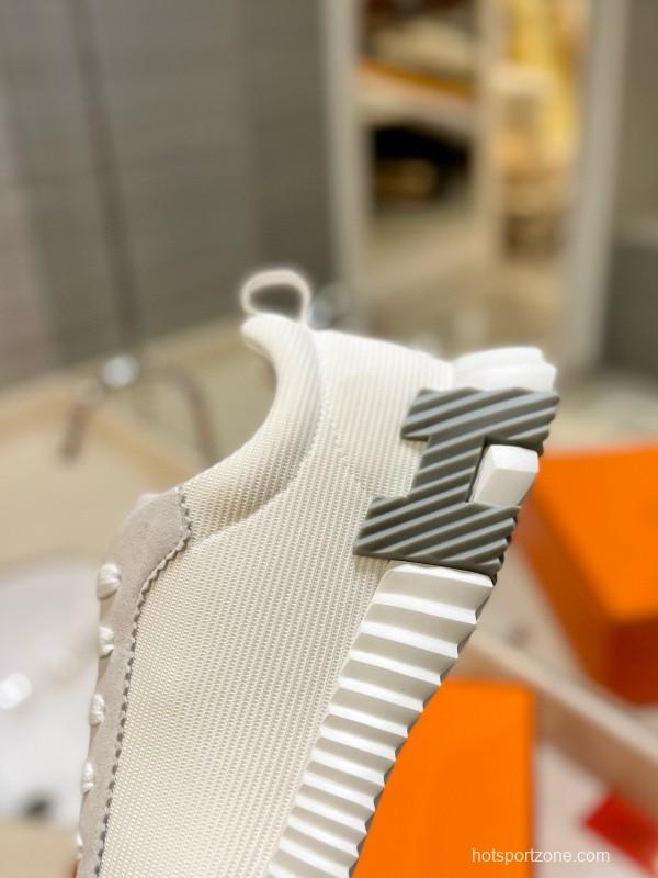 2024 Unisex Hermès White Cream Imported Silky Goat Suede Nylon Sneakers MJ00320
