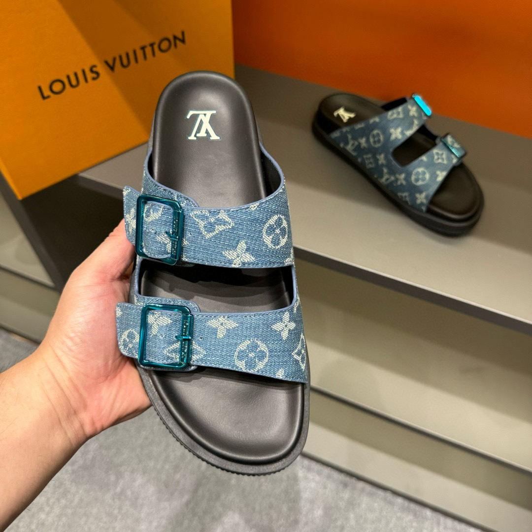 2024 Slippers Louis Vuitton Blue Denim Leather Slippers LY00420