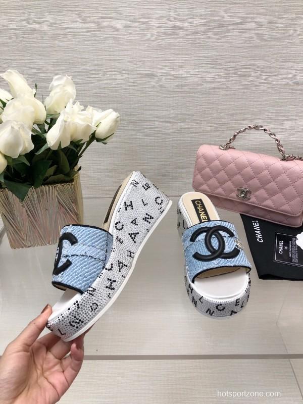 2025 Women Chanel Blue Denim Canvas Slippers LY00320