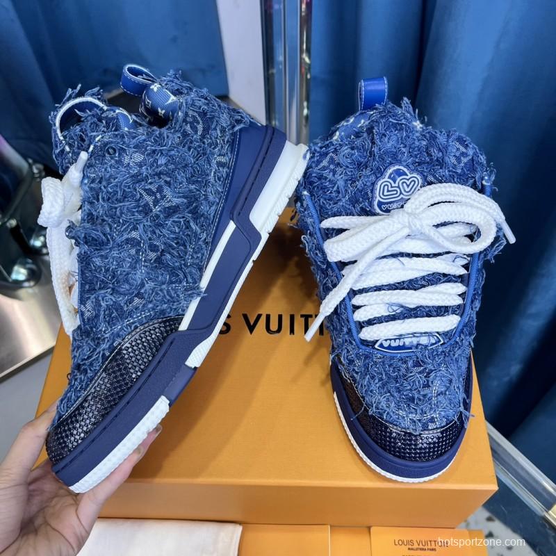 2025 Unisex Louis Vuitton Blue Denim Leather LV Trainer
