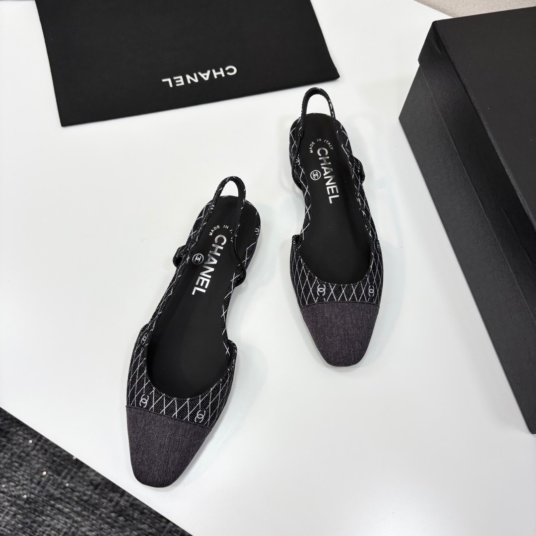 2025 Women Chanel Black White Fabric Leather Slingback LY00240
