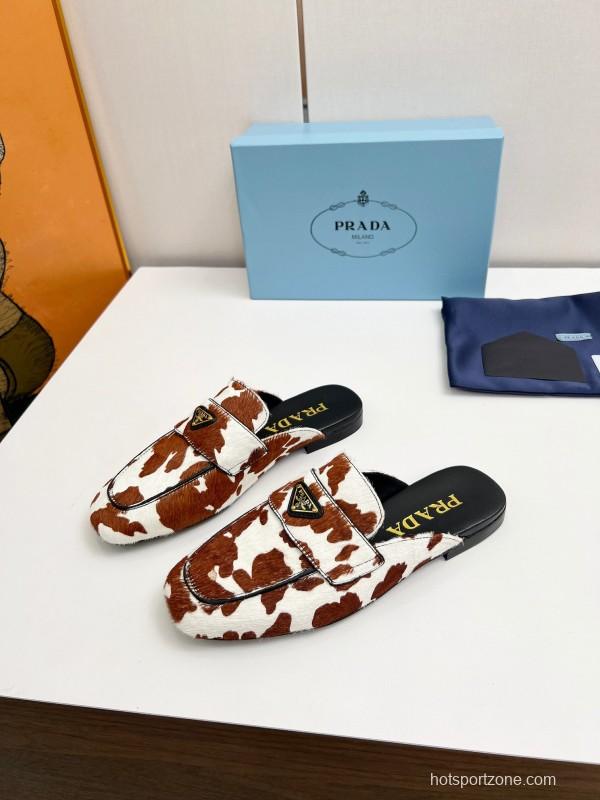 2025 Women Prada Brown White Calf Hair Leather Slippers LY00260