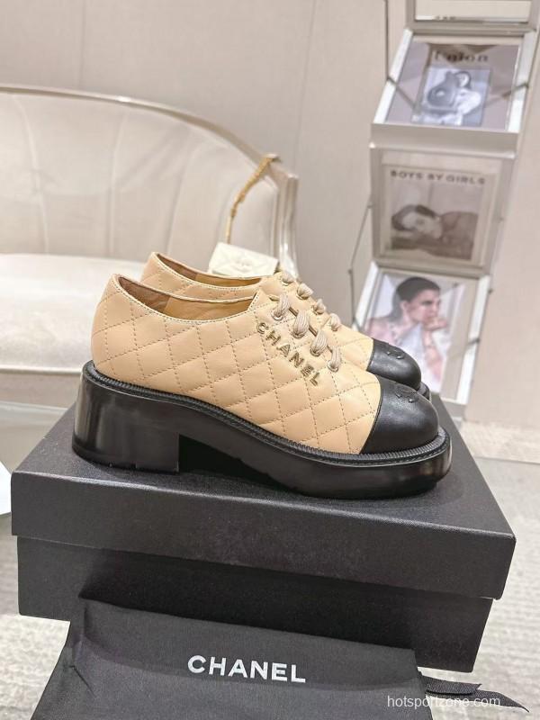 2025 Women Chanel Beige Black Leather Platform Oxford B2099