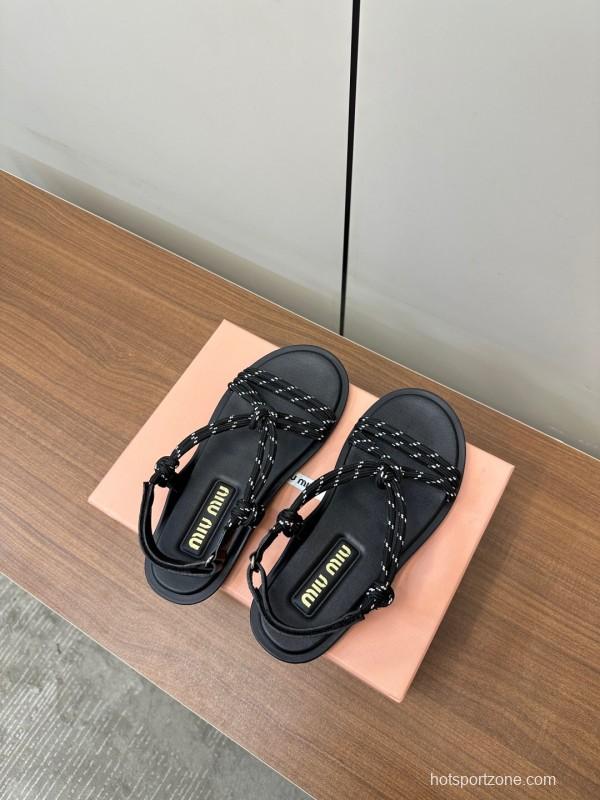 2025 Women Miu Miu Black Leather Rope Sandals
