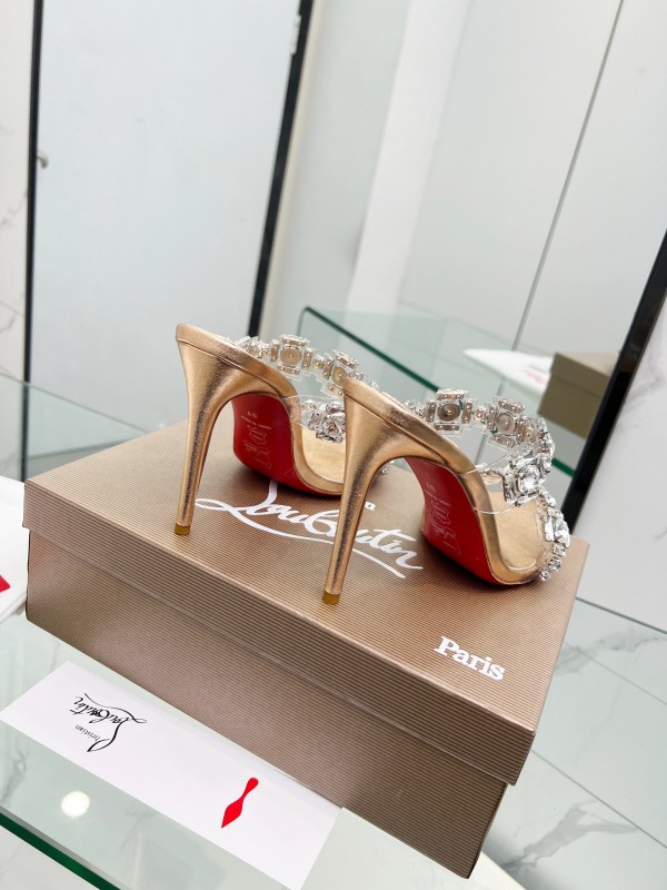 2025 Women Christian Louboutin Gold Leather High Heel Sandals LY00300