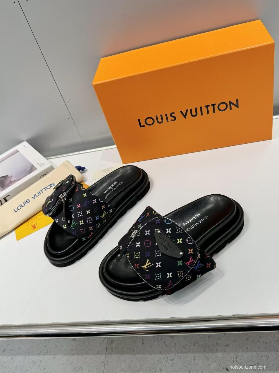 2025 Women Louis Vuitton Black Colorful Canvas Slippers Monogram KFY00230