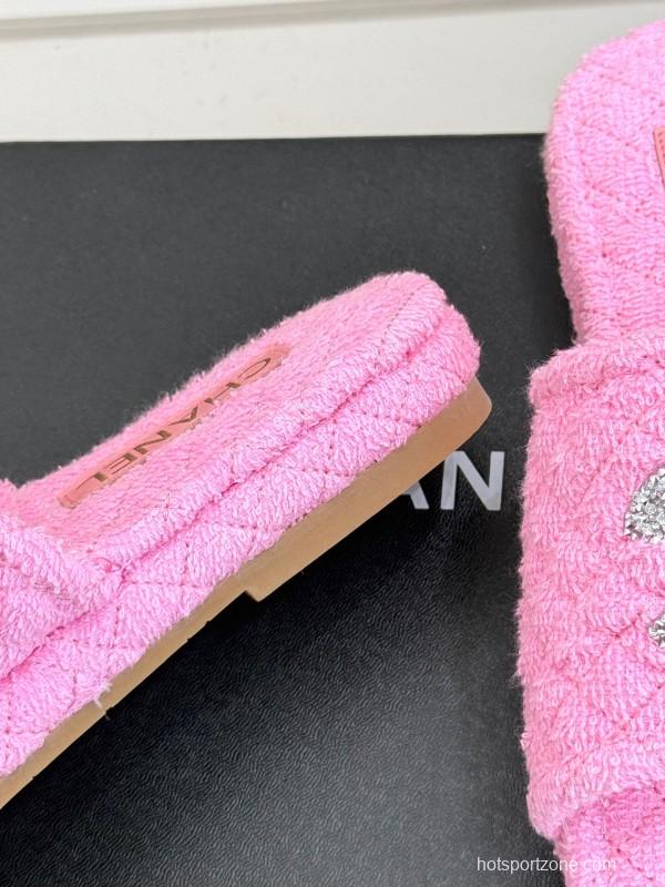 2025 Slippers Chanel Pink Terry Cloth Crystal CC Logo KFY00220