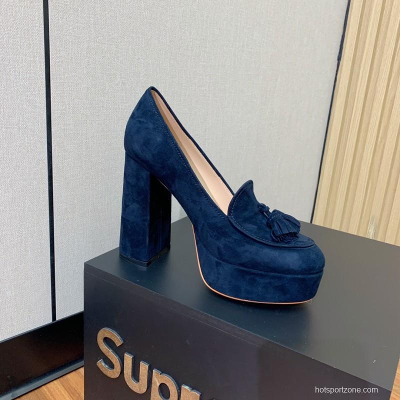 2025 Women Gianvito Rossi Navy Suede Platform Loafers KFY00330