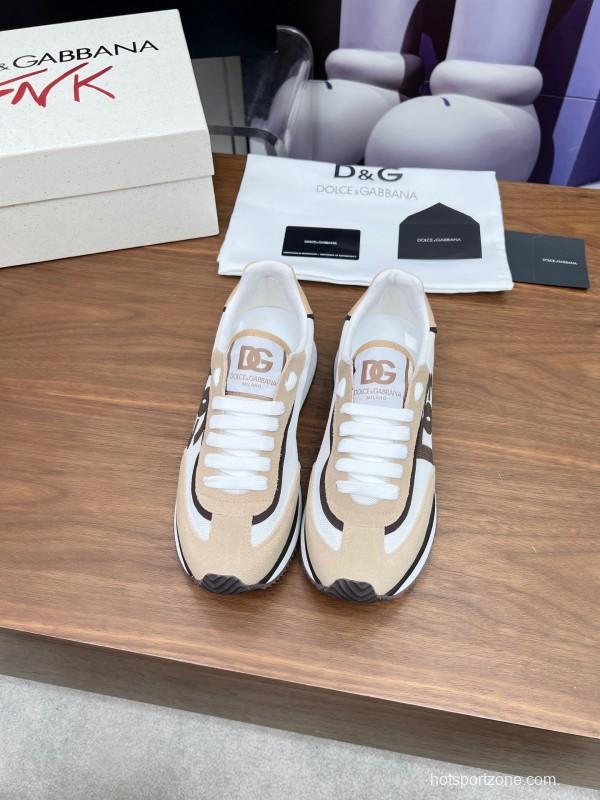 2025 Unisex Dolce & Gabbana White Beige Suede Mesh Sneakers LY00300