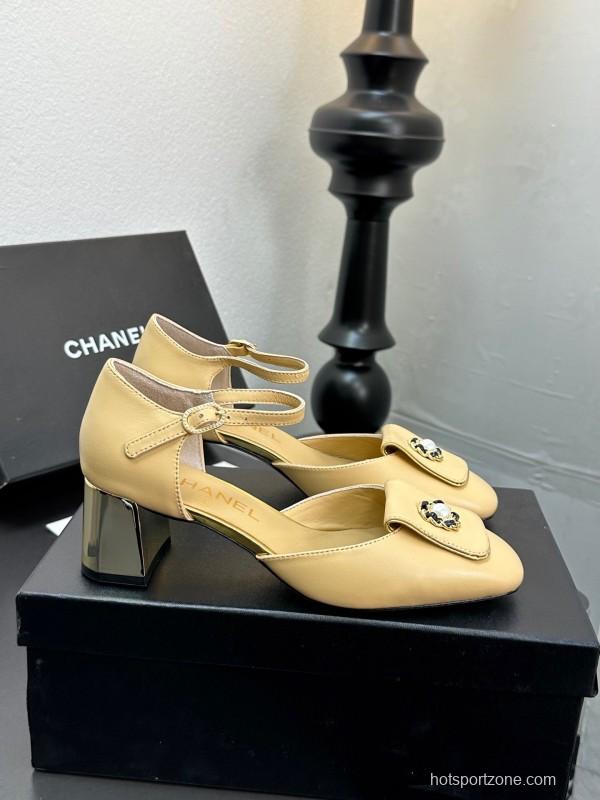 2025 Women CHANEL Beige Lambskin Mid Heel Ankle Strap Square Toe Pumps