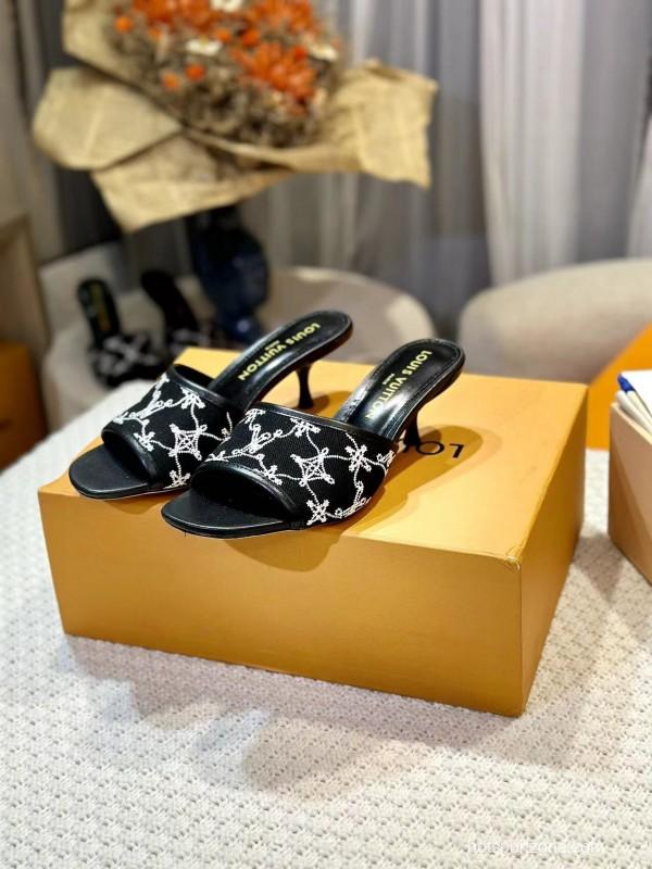 2025 Women Louis Vuitton Black White Embroidered Leather Heeled Sandals