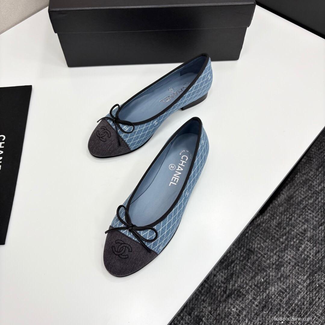 2025 Women Chanel Blue Black Fabric Leather Ballet Flats