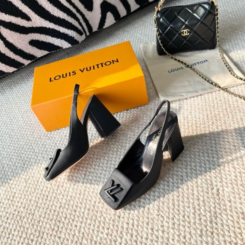 2024 Women Louis Vuitton Black Leather Slingback Heels