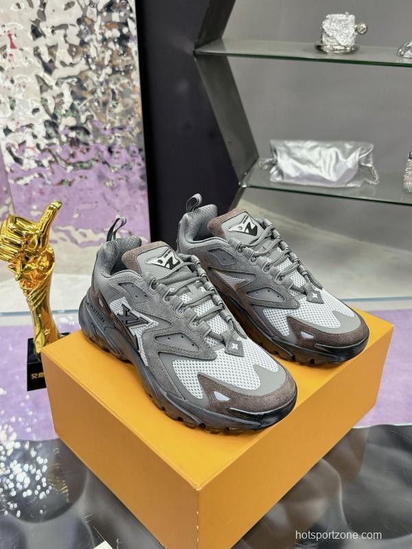 2025 Men Louis Vuitton Grey White Mesh Leather Sneakers MJ00420