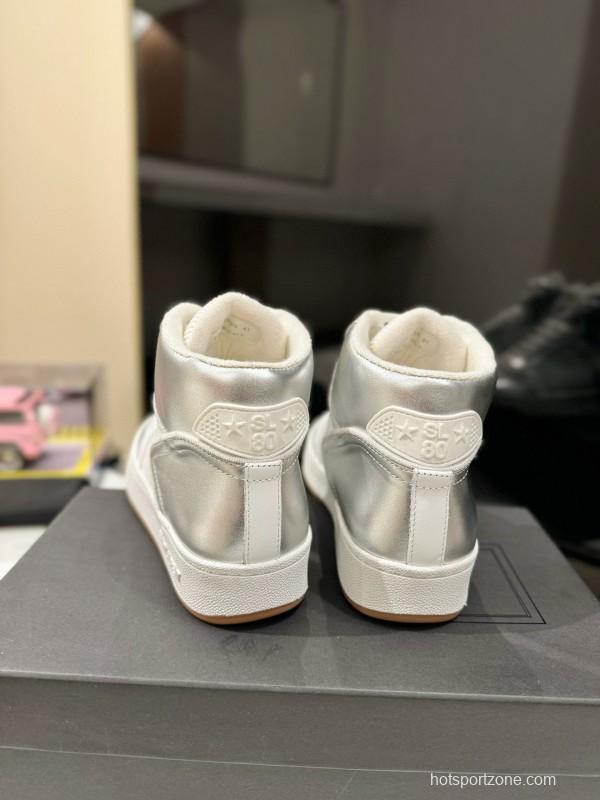 2024 Unisex Yves Saint Laurent White Silver Leather High Top Sneakers MJ00390