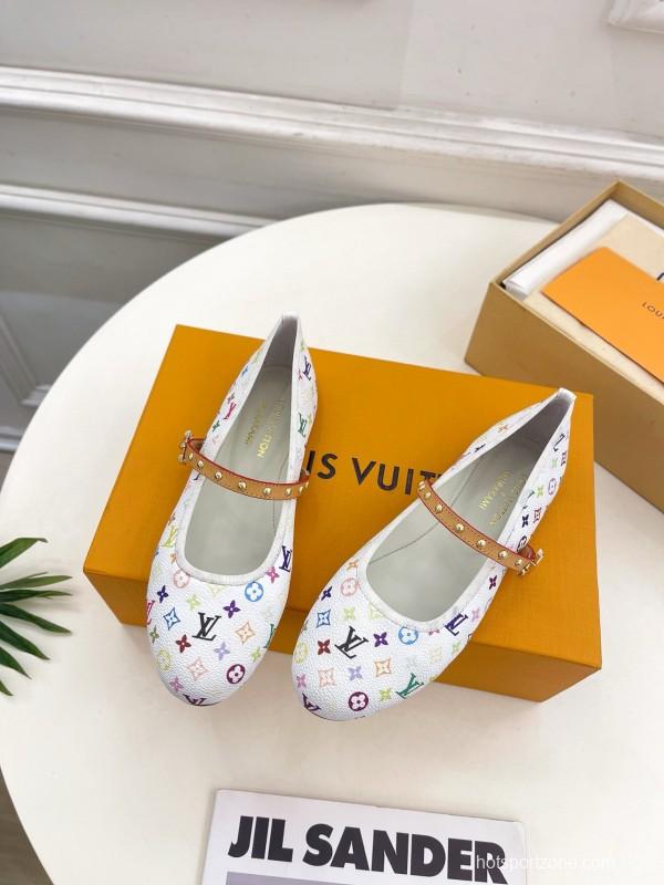2025 Women Louis Vuitton White Multicolor Canvas Ballet Flat MJ00300