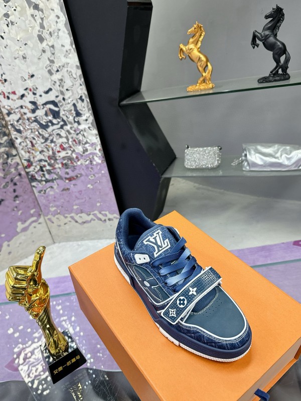 2024 Men Louis Vuitton Blue Denim Calfskin Silk Plimsolls Washed MJ00410