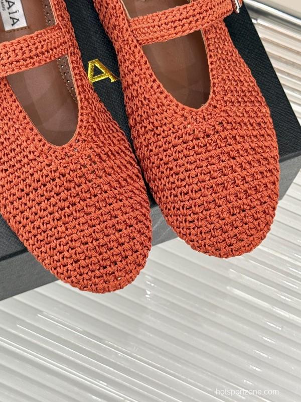 2025 Women AlAIA Orange Knitted Leather Mary Jane KFY00310