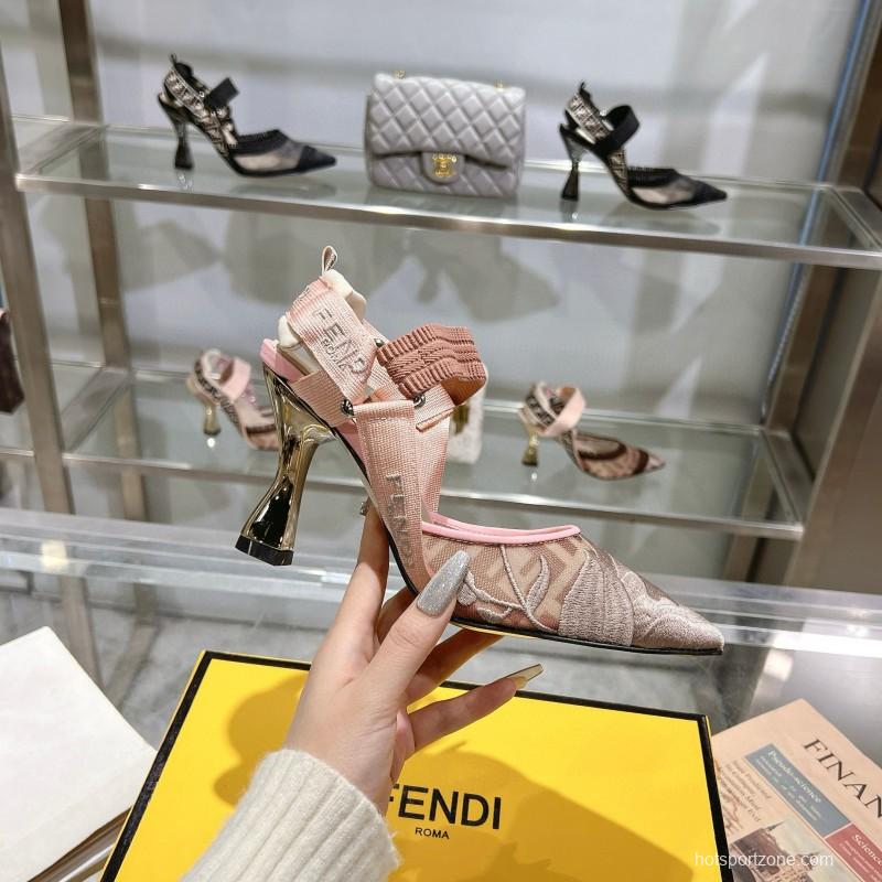 2025 Women Fendi Pink Beige Fabric Leather High Heels